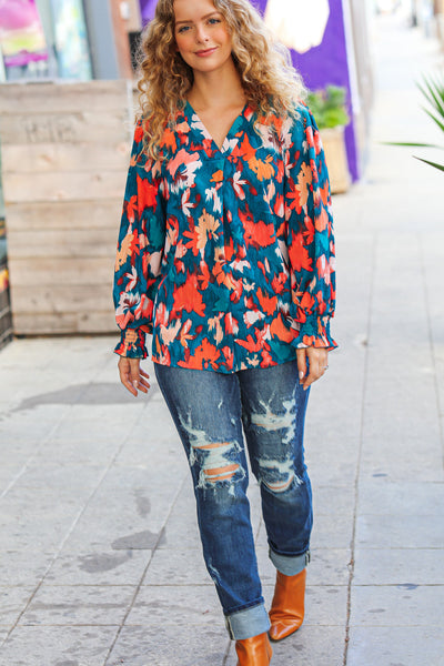 All I Ask Teal Floral Abstract Print V Neck Smocked Top