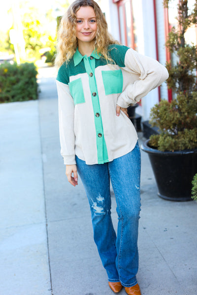 Give Joy Hunter Green Ribbed Colorblock Button Down Shacket