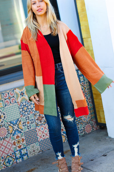 Latte Ready Rust & Taupe Color Block Open Knit Cardigan