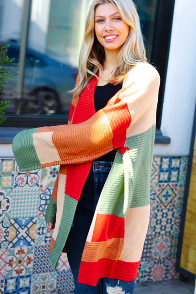 Latte Ready Rust & Taupe Color Block Open Knit Cardigan