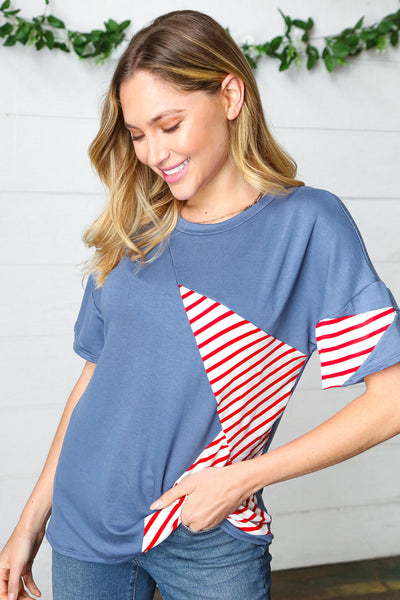 Red Striped Star Detail French Terry Patriotic Top