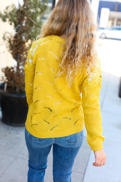 Feeling Fun Mustard Pointelle Lace Shoulder Knit Sweater