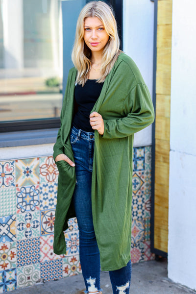 Over The Moon Olive Hacci Midi Open Cardigan