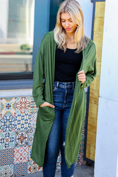 Over The Moon Olive Hacci Midi Open Cardigan