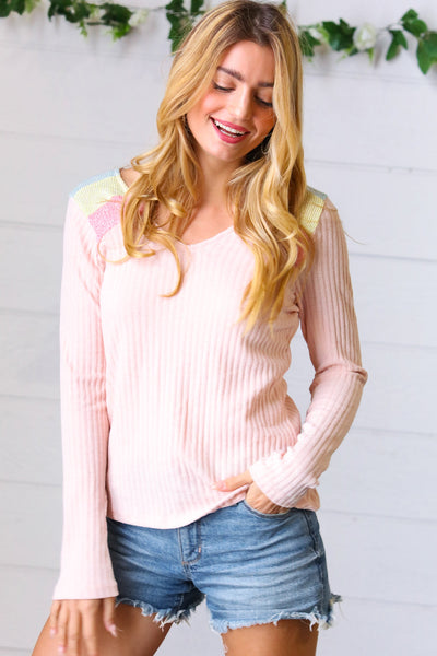 Peach Heathered Rib Two Tone Color Block Top