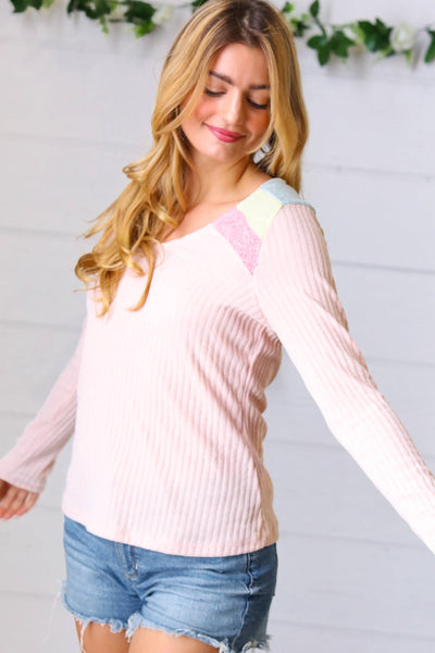 Peach Heathered Rib Two Tone Color Block Top