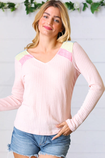 Peach Heathered Rib Two Tone Color Block Top