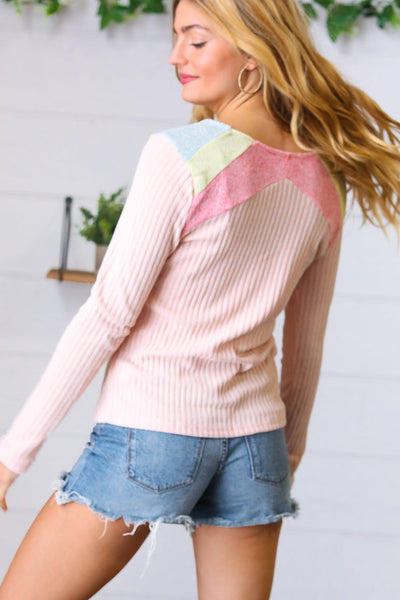 Peach Heathered Rib Two Tone Color Block Top