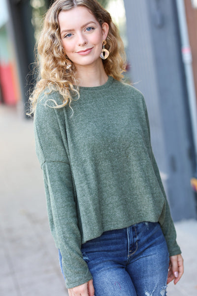 Stay Awhile Olive Ribbed Dolman Cropped Sweater