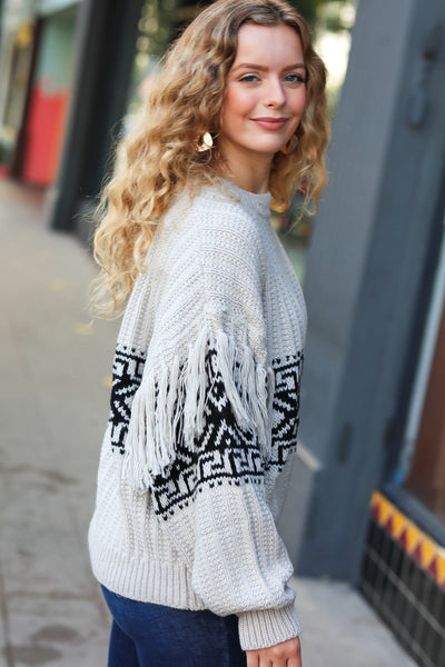 Ready For Anything Taupe & Black Tassel Aztec Sweater