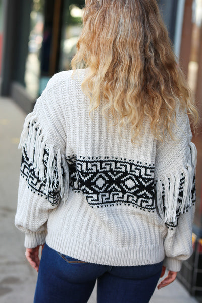 Ready For Anything Taupe & Black Tassel Aztec Sweater