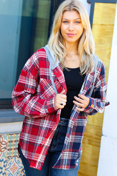 Face the Day Red/Navy Plaid Color Block Hoodie Shacket