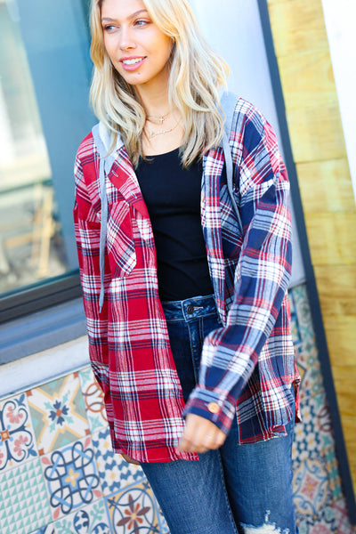 Face the Day Red/Navy Plaid Color Block Hoodie Shacket