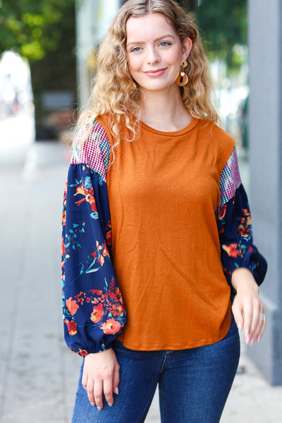 On Your Way Rust & Navy Floral Textured Hacci Top