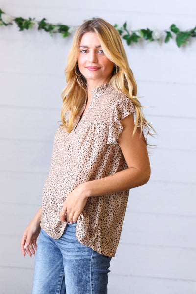 Taupe Animal Print Smocked Button Down Top