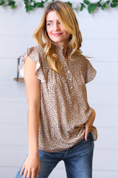 Taupe Animal Print Smocked Button Down Top