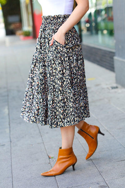 It's Your Day Black Ditzy Floral Smocked Waist Midi Skirt