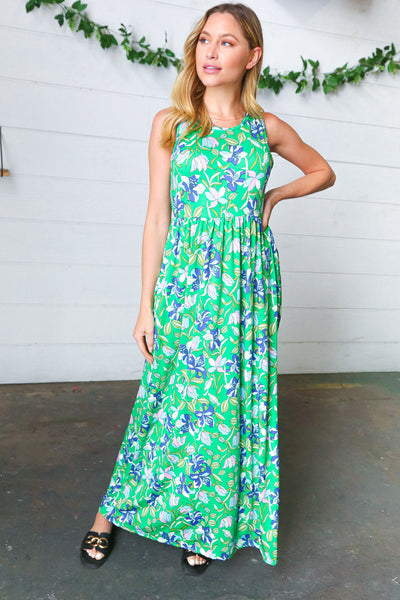 Green & Blue Floral Print Fit and Flare Maxi Dress