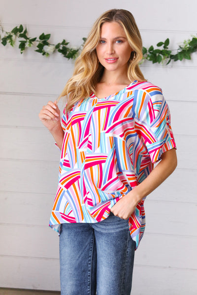 Blue & Fuchsia Geometric Print Woven Top