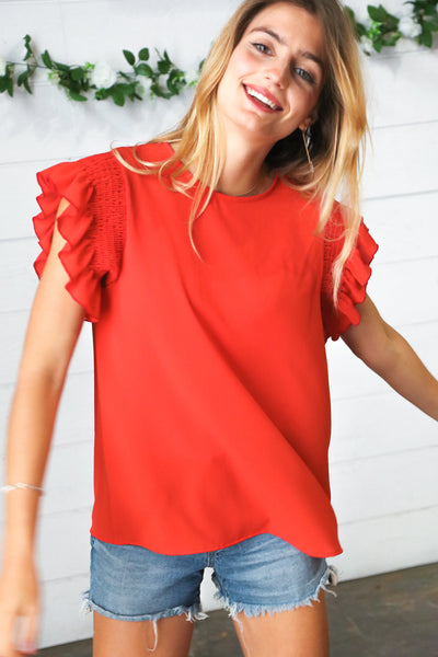 Red Smocked Ruffle Frill Sleeve Top