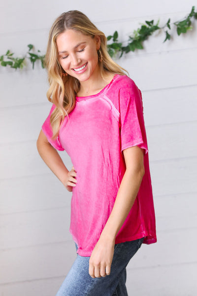 Washed Pink Raw Edge Short Sleeve Top