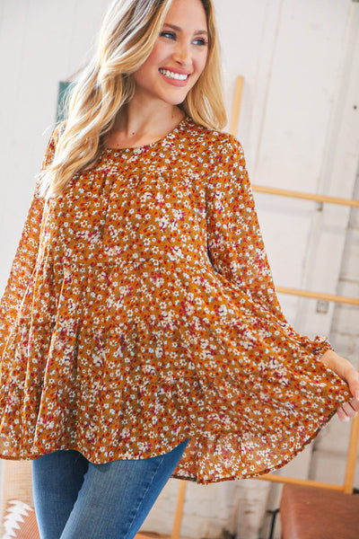 Cinnamon Floral Tiered Bubble Sleeve Keyhole Clasp Blouse