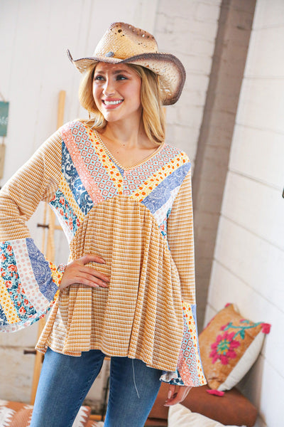 Mustard Ethnic Stripe Two Tone Bell Sleeve Knit Top