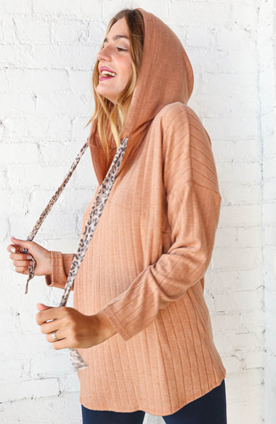 Beige Rib Knit Leopard Print Drawstring Hoodie