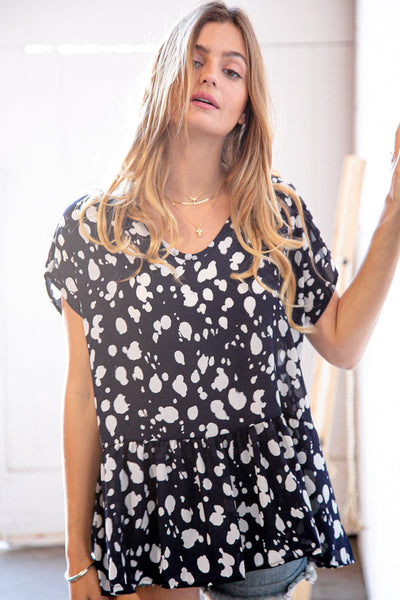 Navy Spotted Leopard Babydoll Woven Blouse