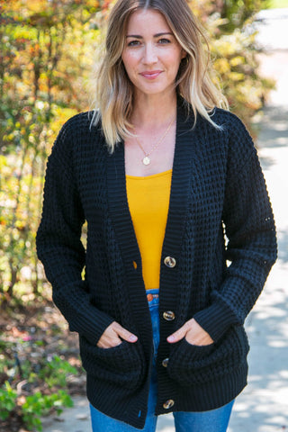 Black Button Down Boyfriend Cardigan with Pockets