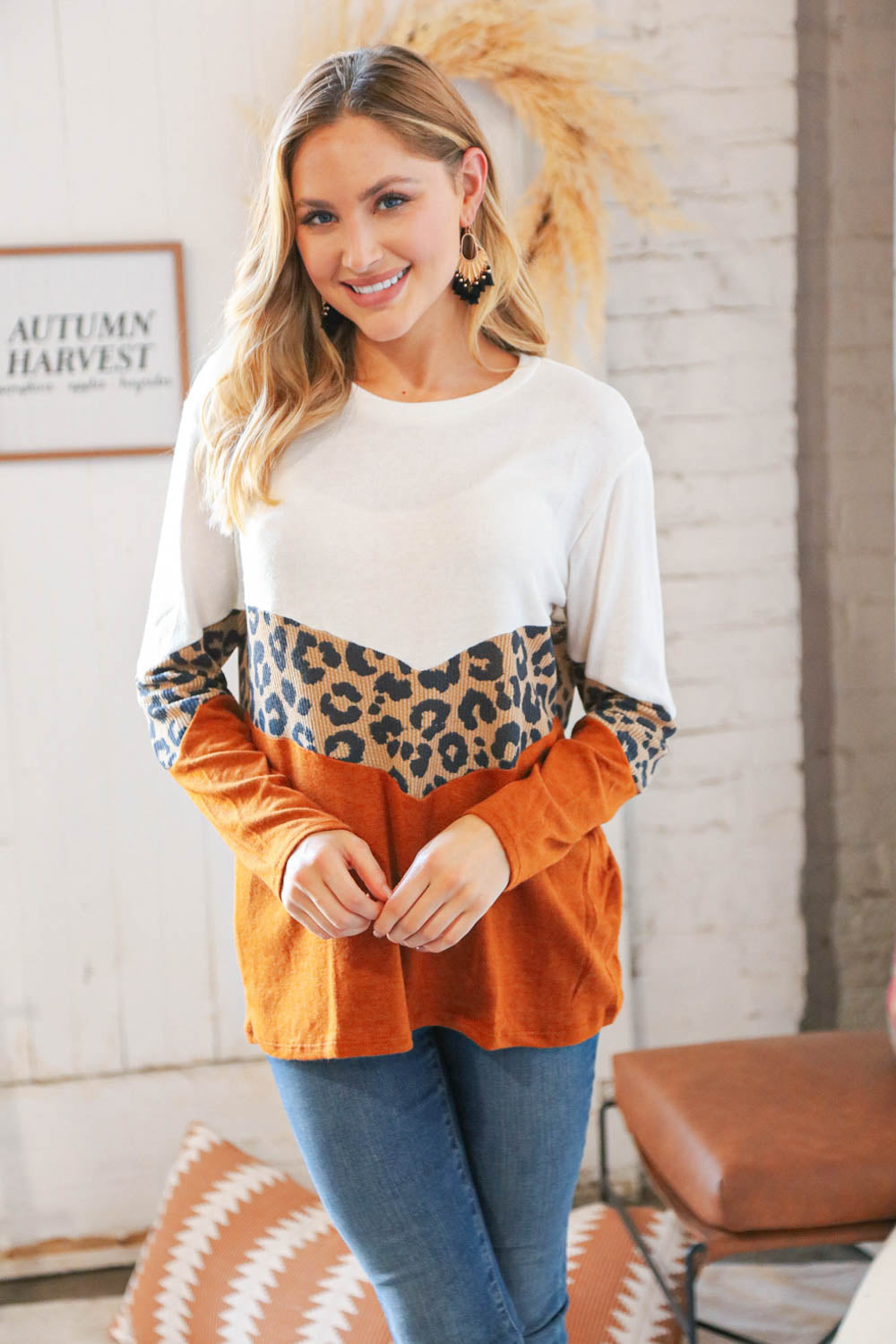 Rust Leopard Waffle Chevron Brushed Hacci Knit Top