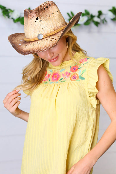 Light Yellow Floral Embroidered Ruffle Top
