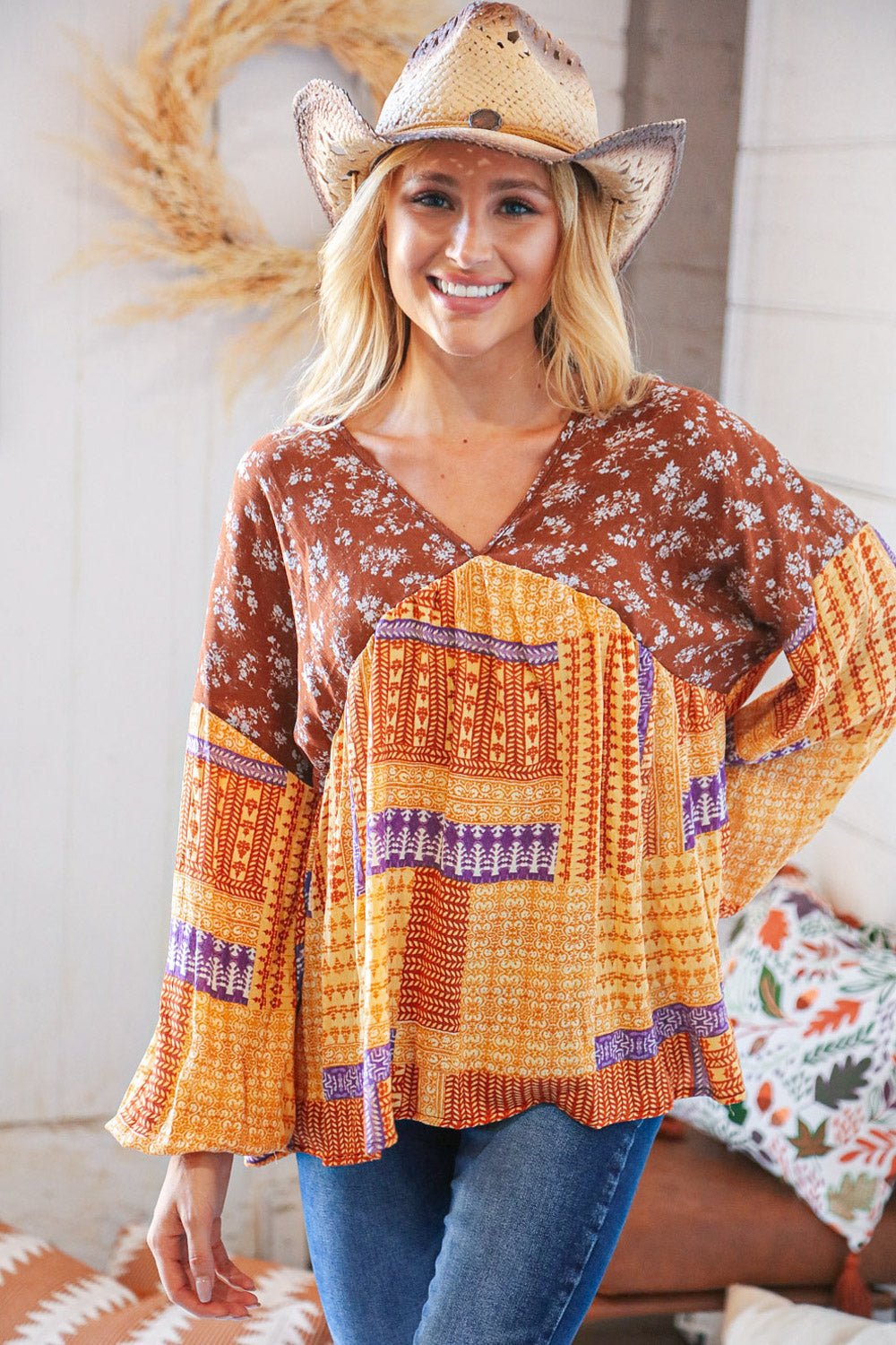 Boho V Neck Crinkle Floral Woven Babydoll Top