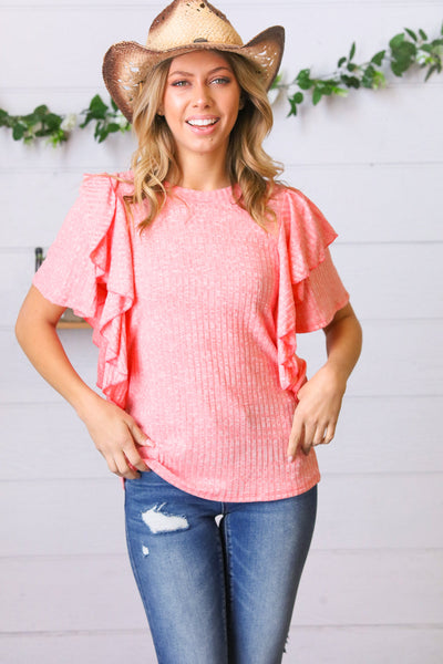 Coral Double Ruffle Sleeve Two Tone Top