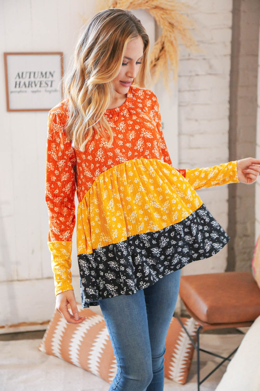 Sunflower Ditzy Floral Rib Color Block Babydoll Top