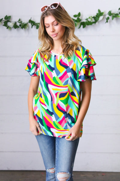 Geo Multicolor Print Flutter Sleeve Woven Top