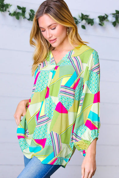 Key Lime Geometric Color Block Top