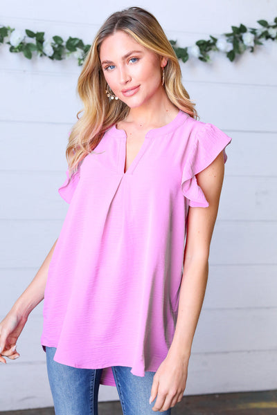 Orchid Airflow Ruffle Sleeve Hi-Low V Neck Top