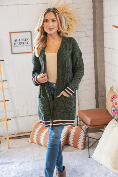 Forest Green Chenille Velvet Open Pocket Cardigan