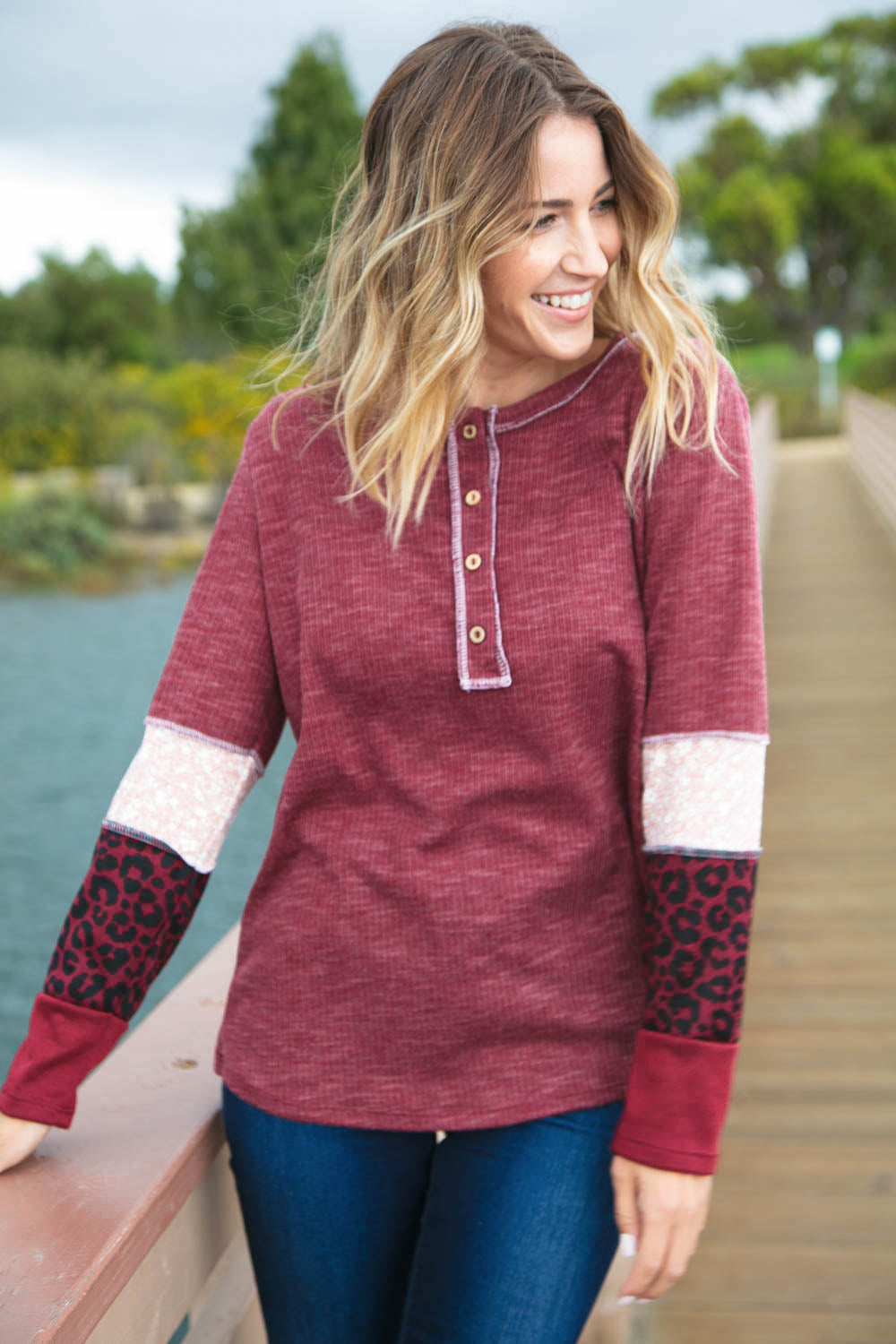 Burgundy Thermal Floral Leopard Color Block Top