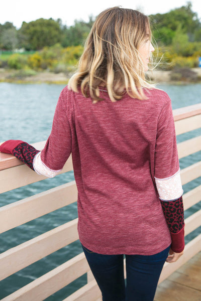 Burgundy Thermal Floral Leopard Color Block Top