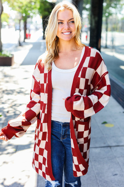 Can't Help But Love Rust Checkered Open Cardigan