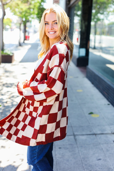 Can't Help But Love Rust Checkered Open Cardigan