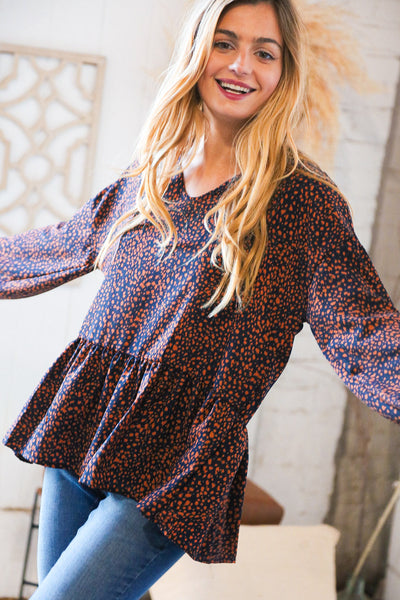 Navy & Rust Leopard Woven Babydoll Top