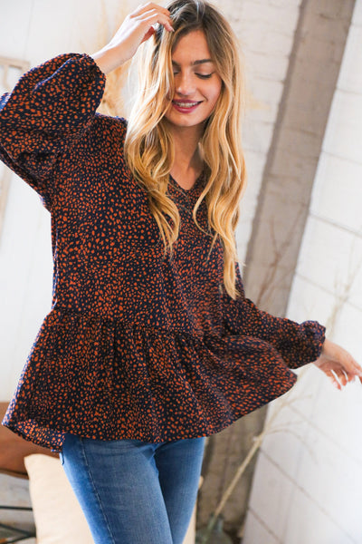 Navy & Rust Leopard Woven Babydoll Top