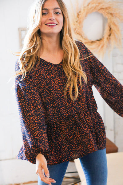 Navy & Rust Leopard Woven Babydoll Top