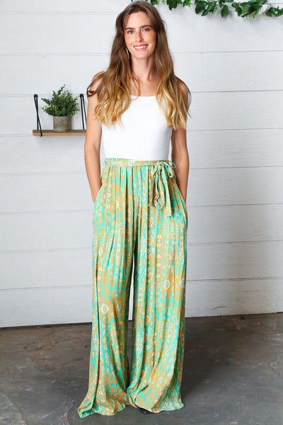 Green Boho Print Wide Leg Tie Waist Two Fer Jumpsuit