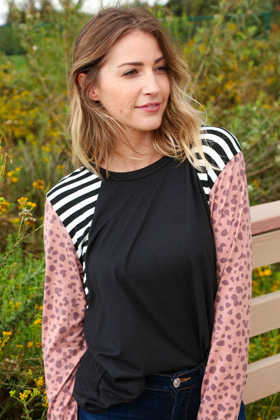 Leopard Stripe Long Sleeve Raglan Color Block Top