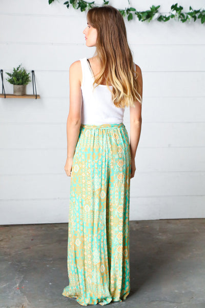 Green Boho Print Wide Leg Tie Waist Two Fer Jumpsuit