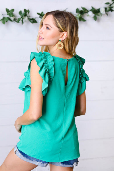 Kelly Green Double Ruffle Sleeve Crinkle Top